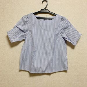 【美品】amelier アメリエル　青　ブルー　ストライプ　太め　半袖　シャツ