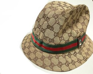 ■ GUCCI グッチ バケットハット キャンバス シェリーライン 帽子 ロゴ プレート ベージュ 総柄 サイズ XL ★