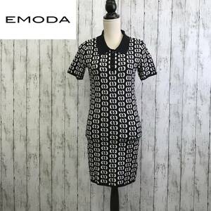 EMODA　エモダ　モノグラムポロワンピース　ブラック　ホワイト　ライトミックス　Fサイズ　ストレートシルエット　S12-6　USED