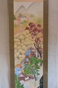 里山春景色　春景色図　紙本　肉筆　掛け軸　日本画　現代アート 　S　山一面の開花　芽ブキ　春景色　絵画　山水図　骨董　　