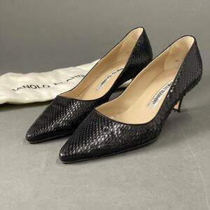 ○ 1j22 イタリア製☆ MANOLO BLAHNIK マノロブラニク パイソン ヒール パンプス レザー シューズ 35 22cm相当 レディース 女性用 ブラック