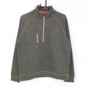 【美品】プーマ 長袖ハイネックシャツ 杢カーキ×オレンジ WARM ハーフジップ メンズ L ゴルフウェア PUMA