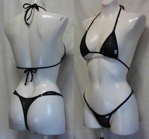 【新品未使用】超マイクロビキニ水着 [Bikinis Brazil - Beach Wear／シースルーレース] (サイズ:Free／黒[Black]色) POLYAMIDE85％＋他