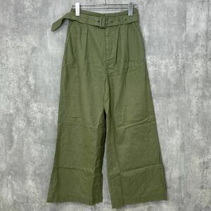 LOWLYS FARM ワイド パンツ タック入り ガウチョ ウエストベルト付き 麻混 綿混 グリーン レディース M K1-190