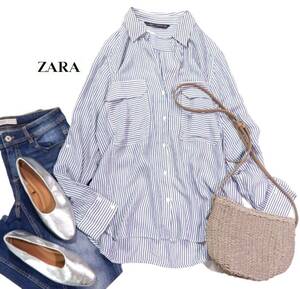 ザラ ZARA WOMAN 大人素敵☆オーバーサイズ ストライプ とろみ シャツ M