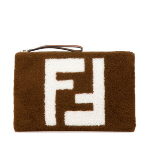 フェンディ ロゴ ラージ クラッチバッグ 8N0178 ブラウン ムートン レザー レディース FENDI 【中古】