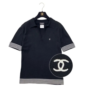 シャネル　CHANEL　黒×白　ボーダー　ポロシャツ　トップス　ヴィンテージ　レア　正規品　カットソー　ココマーク刺繍