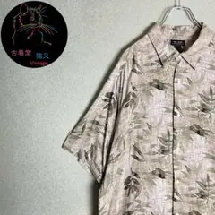 ✮アロハシャツ　axcess　ベージュ　緑　ボタニカル　和風　ゆるだぼ　2XL✮