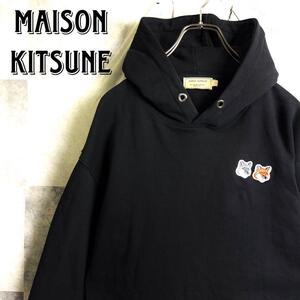 美品 ポルトガル製 MAISON KITSUNE メゾンキツネ W狐刺繍ロゴ フーディー スウェット パーカー ブラック 黒 L