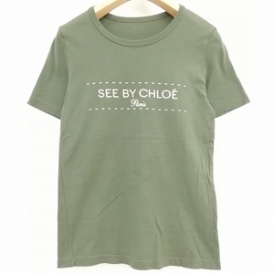 シーバイクロエ SEE BY CHLOE 美品 カットソー Tシャツ ゴールド プリント クルーネック カーキ レディース