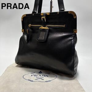 i24【極美品】プラダ PRADA　チャーム　レザー　革　ゴールド金具　ブラック　黒　トートバッグ　ハンドバッグ　ワンショルダーバッグ