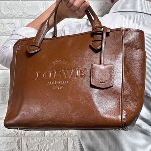 入手困難/美品◎ ロエベ LOEWE メンズ A4収納 トートバッグ ヘリテージ ビジネス ロゴ型押し クロシェット レザー 本革 ブラウン