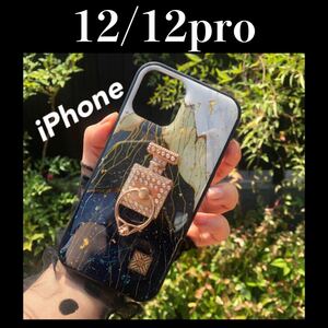 新品 グリッターiPhone12ケース iPhone12proケース　iPhoneケース カバー スマホ 山　マウンテン　金箔　レジン　リング　つき