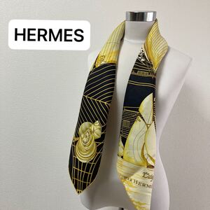 1円〜　1スタ　HERMES エルメス　カレ90 シルクスカーフ　船　ヨット　マスト　黒×ゴールド　美品　Tuiga 帆船