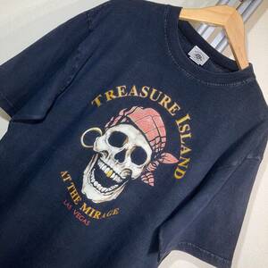 W447■USA製古着★90s/TREASURE ISLAND/ラスベガス★黒/スカル★Tシャツ■US L