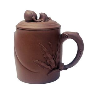 【茶器】朱泥？ 蓋つき マグカップ 詳細不明 桃/草木 茶道具 ★