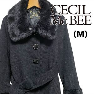 CECILMcBEE セシルマクビー ファー コート ベルト付 ツイード ラメ Aライン BLACK ブラック 黒色 レディース 女性用 Mサイズ 古着【5052】F