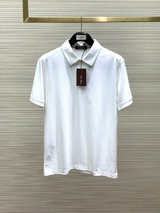 Loro Piana　ロロピアーナ メンズ ニットポロシャツ 半袖Tシャツ トップス カットソー ホワイト Lサイズ 紳士服 夏物 綿 無地 カノコ