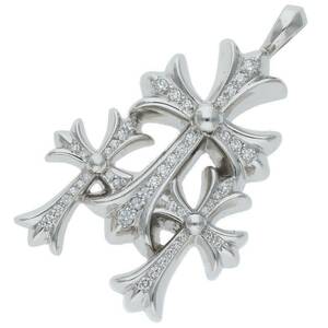 クロムハーツ Chrome Hearts 18K トリプルCHクロススモール PAVEダイヤ/ゴールドペンダントネックレストップ 中古 SS07