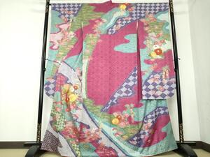 平和屋着物●豪華振袖　駒刺繍　絞り　扇面花文　金銀彩　正絹　逸品　DAAI6797ps