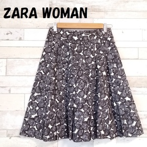 【人気】ZARA WOMAN/ザラ ウーマン ボックスプリーツスカート ひざ丈 フラワードット 総柄 サイドファスナー ブラック×ホワイト S/A362