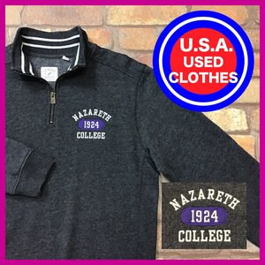 ME13-096★USA直輸入★状態良好【NAZARETH COLLEGE】カレッジ物 刺繍ロゴ ハーフジップ スウェットシャツ【メンズ M】灰 アメカジ 古着 OLD