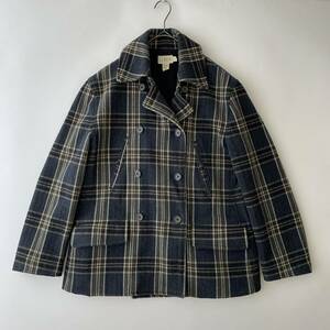 【90s USA古着】J.CREW size/S (iz) ジェイクルー 白タグ 大きめ ダブルジャケット Pコート チェック メルトン ウール used jacket coat