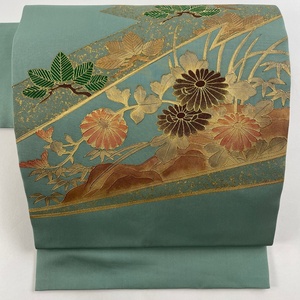 名古屋帯 優品 菊 松 金彩 薄緑 正絹 【中古】