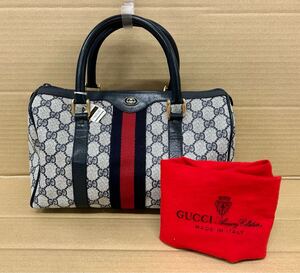 GUCCI グッチ シェリーライン GG ミニボストンバッグ ハンド ヴィンテージ ネイビー ベージュ レザー PVC ロゴ ゴールド金具【0203A8】