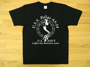 U.S.S. Pelias AS-14 黒 5.6oz 半袖Tシャツ 白 XXXL 大きいサイズ ミリタリー 米海軍艦艇 グリフィン級潜水母艦 ペリアス U.S. NAVY 人魚