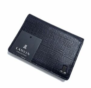 d5 新品【 LANVIN collection 】ランバン 本革 カードケース メンズ 名刺入れ パスケース 定期入れ 紺 ネイビー レザー エンボス 紳士用