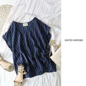 1.3万☆超美品☆ユナイテッドアローズ UNITED ARROWS☆洗える ランダムストライプVネックブラウス 日本製☆A-O 3744