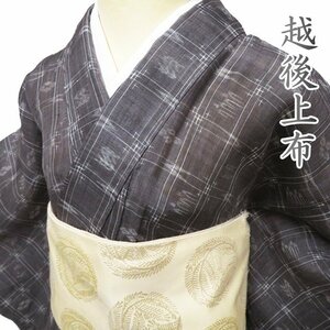 特選 夏物 重要無形文化財　越後上布 着物 中古 苧麻 カジュアル 格子模様 絣模様 樺茶色 身丈157cm 裄63.5cm M きもの北條 A1110-1