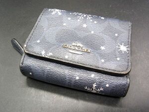 ■美品■ COACH コーチ シグネチャー レザー 雪の結晶 三つ折り 財布 ウォレット 札入れ 小銭入れ ネイビー系 DF1730