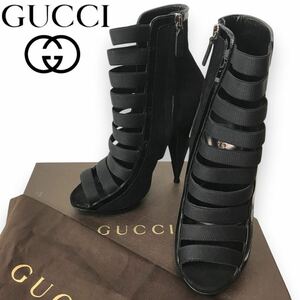 p217 新品未使用 GUCCI グッチ ショートブーツ ブーサン オープントゥ バンド グラディエーター 36.5 イタリア製 正規品 ブーティ ブラック