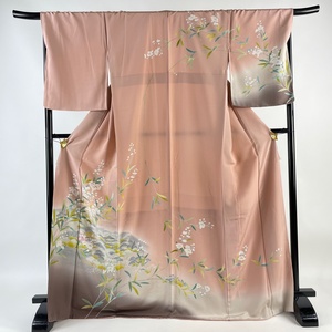 訪問着 身丈171cm 裄丈69cm L 袷 草花 建物 ぼかし ピンク 正絹 美品 秀品 【中古】