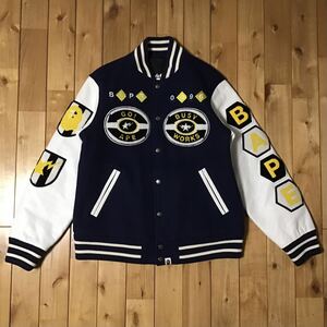 袖レザー BAPE LOGO varsity jacket Mサイズ ネイビー a bathing ape leather スタジャン エイプ ベイプ アベイシングエイプ NAVY NIGO w12