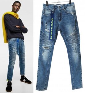 ZARA ザラ NEON TAPE BIKER JEANS 38 クラッシュ加工 ストレッチ バイカー デニム ダメージ加工 インディゴ ZARA MAN ※レターパック発送可