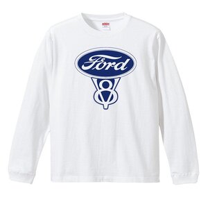 フォード ロングTシャツ リブ付き 白 (S/M/L/XL) 長袖 マスタング f100 f150 ホットロッド V8 ford