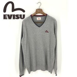 A8385/極美品 春夏 EVISU エヴィス コットン Vネック カモメ ロゴ 長袖 ニット リブ セーター XXL 灰色/イタリア製 メンズ カーディガン