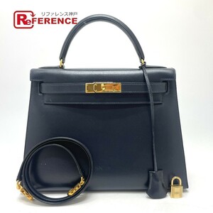 HERMES エルメス ケリー28 外縫い 2WAY ハンドバッグ ボックスカーフ V刻 ネイビー レディース【中古】