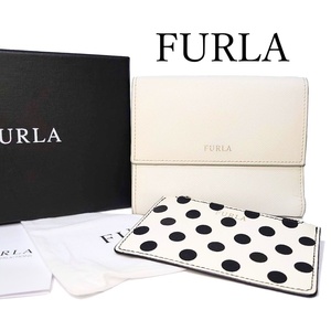 【希少】FURLA フルラ 三つ折り 財布 オフホワイト アイボリー レザー ホック式 コインケース付 コインケース別 セパレート【送料無料】