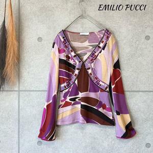 極美品 EMILIO PUCCI エミリオプッチ Vネック カットソー 薄手ウール プッチ柄 パープル系 表記40(日本9号M相当) イタリア製