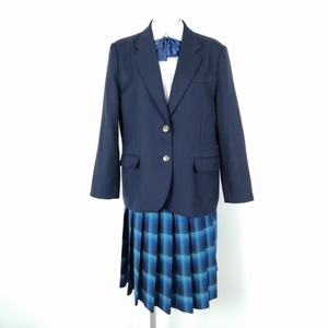 1円 ブレザー チェックスカート リボン 上下4点セット 大きいサイズ 冬物 女子 学生服 中学 高校 紺 制服 中古 ランクC EY8420