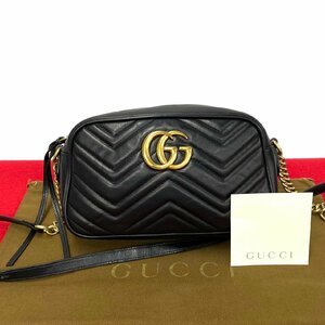 極 美品 GUCCI グッチ GGマーモント キルティング GG ロゴ 金具 レザー チェーン ミニ ショルダーバッグ ブラック 28553