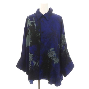 ワイズ ヨウジヤマモト 23 RESORT CUPRO RUBBED FLOWER PRINT WRINKLE HALF SLEEVES CAPE SHIRT 2 青 黒 ブルー ブラック レディース