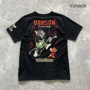 【VANSON / バンソン】TOM&JERRY tee トムとジェリー 半袖Tシャツ tシャツ 肉厚刺繍 ギター ブラック 黒 袖プリント クルーネック (M)