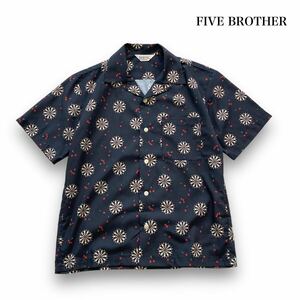 【FIVE BROTHER】ファイブブラザー ダーツ柄 半袖オープンカラーシャツ 半袖シャツ アロハシャツ 開襟シャツ 黒 ブラック ボタンダウン (M)