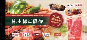 ゆうパケット送料込即決！安楽亭　株主優待券　未使用　５００円割引券２６枚・２０％割引券６枚　１～２冊