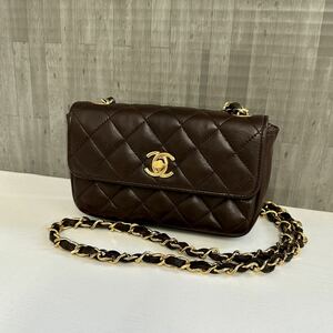 1円 CHANEL シャネル ミニマトラッセ ラムスキン チェーンショルダーバッグ ターンロック ブラウン ゴールド金具 レディース